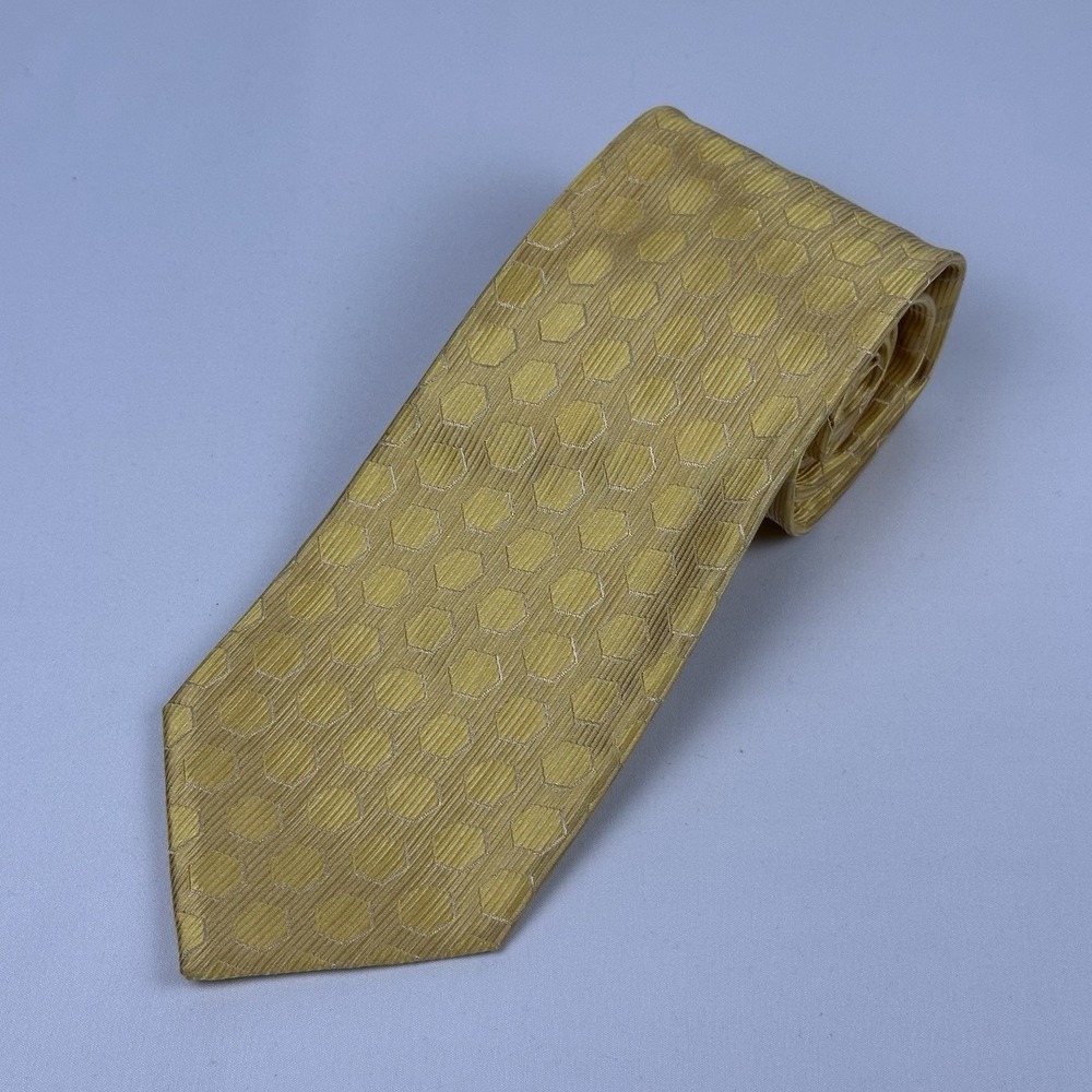 Ferre Silk Tie Vintage Yellow Honeycomb Jacquard Made In Italy 3.5" W 59" L